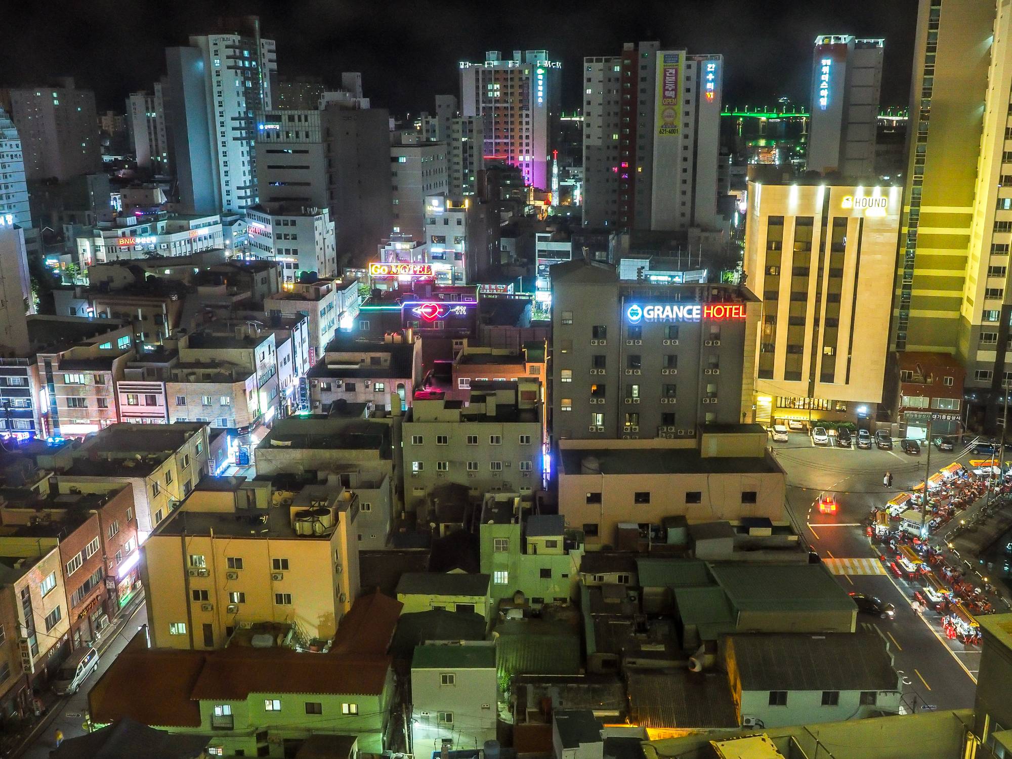 View from my room at night, with BBQ seafood market on the right side